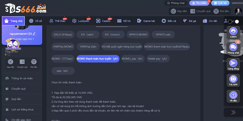 Nạp tiền S666 qua các ví điện tử